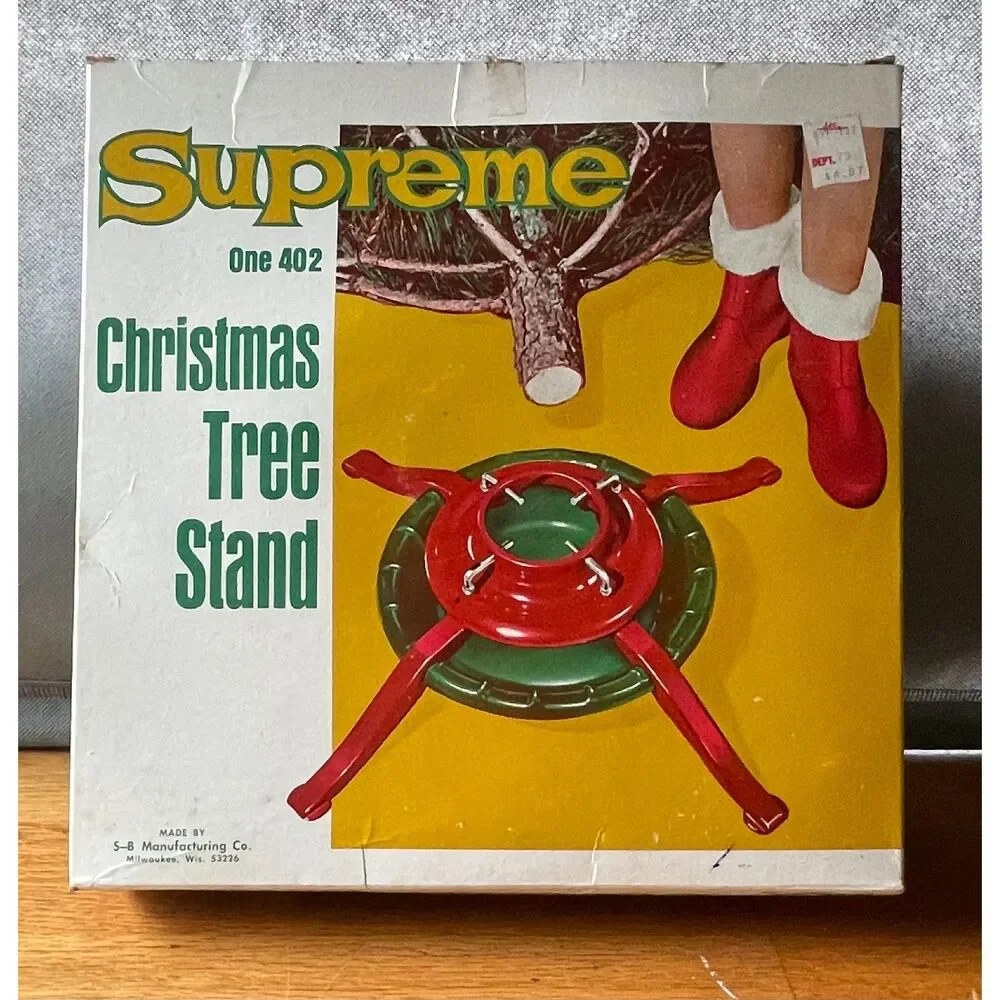 Vintage Supreme One 402 Christmas Tree Stand Complete w/ Box Red Green Steel USA